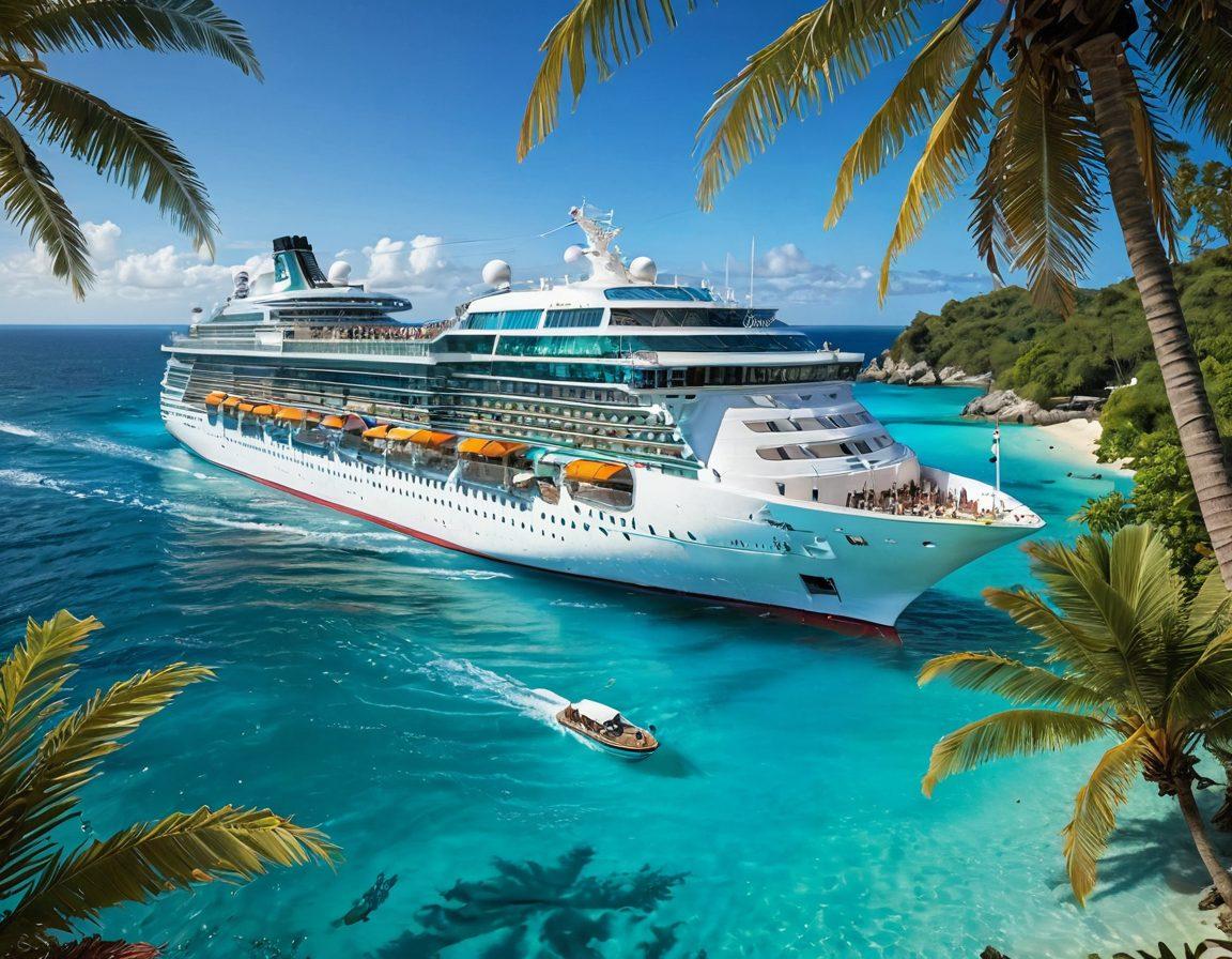 A vibrant cruise ship sailing through crystal clear turquoise waters, with a diverse crew interacting on deck, each representing different cultures. In the background, a sunny tropical island with palm trees and colorful beach umbrellas. Emphasize opportunities like hospitality, travel, and adventure, showcasing joyous passengers exploring the ship. super-realistic. vibrant colors. tropical theme.