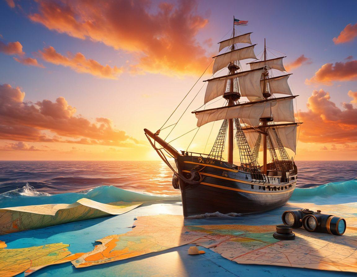 A serene sea landscape with a ship sailing towards a vibrant sunset, featuring a compass and nautical maps spread out in the foreground. Include elements symbolizing adventure and exploration, such as a sailor's hat and binoculars. Create a sense of journey and discovery, inviting the viewer to envision a career at sea. painting. vibrant colors. 3D.